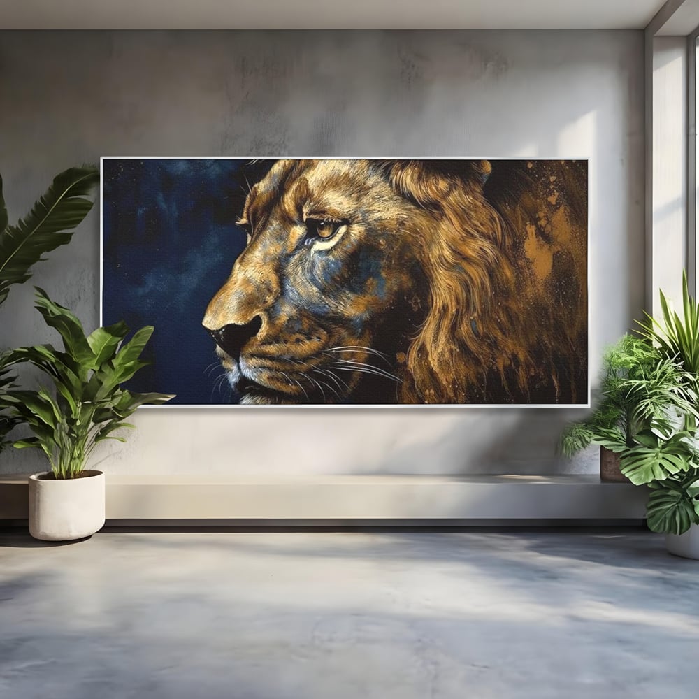Tablou canvas cu tablou canvas cu leu in profil, in rama de aluminiu argintiu